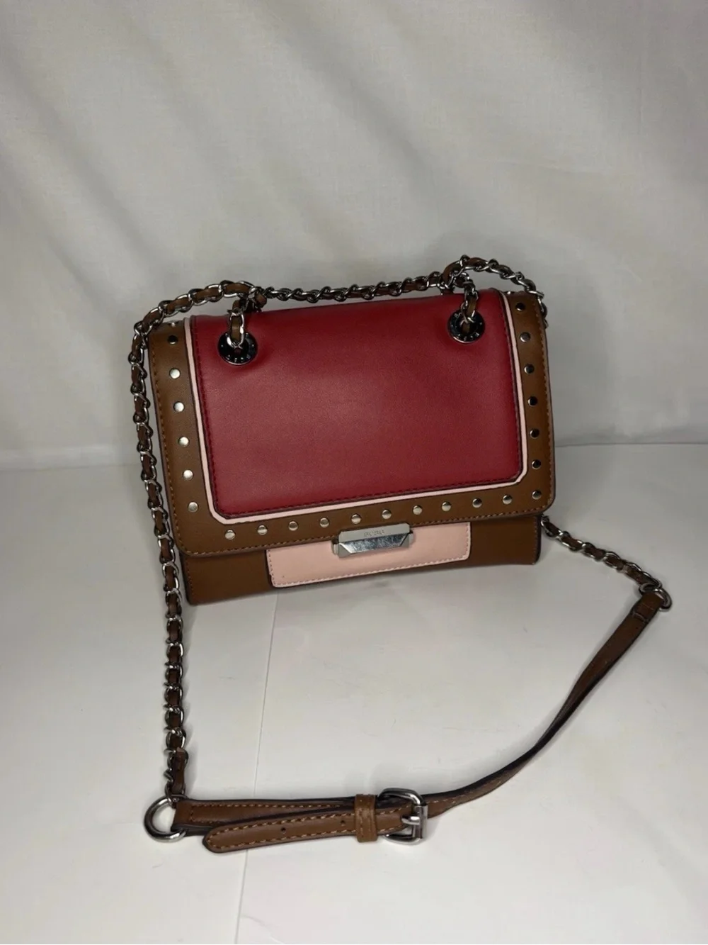 BCBG Colorblock Studded Shoulder Bag in Red, Brown & Pink